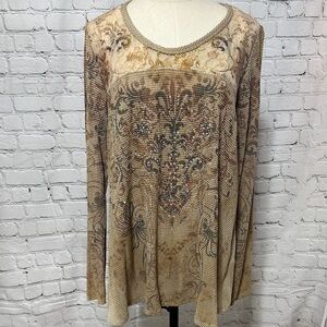 Vocal Boho Western Lace Rhinestone Thermal Top Size L Large